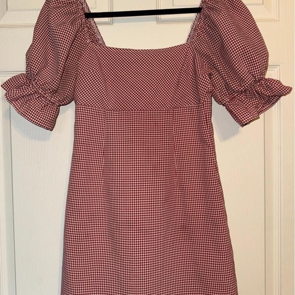 Blue Rain Red Gingham Puff Sleeve Mini Dress